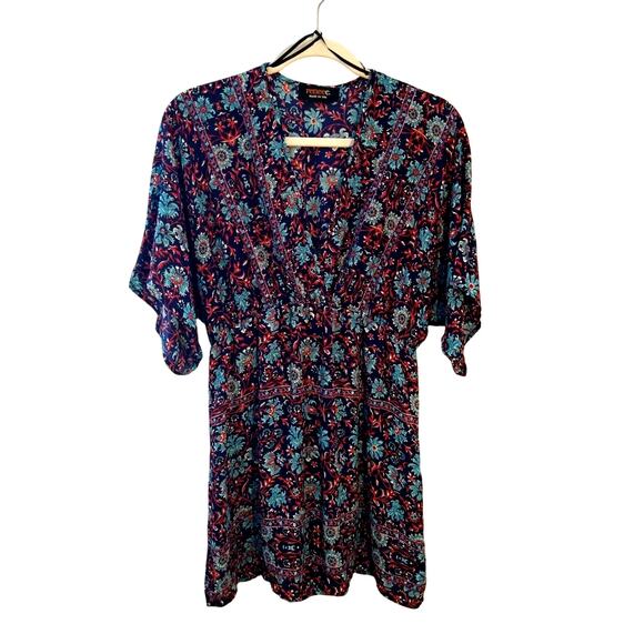 Renee C Boho Floral Mini Dress Blue Red Print Women’s Size Small Tunic Style - Picture 8 of 8